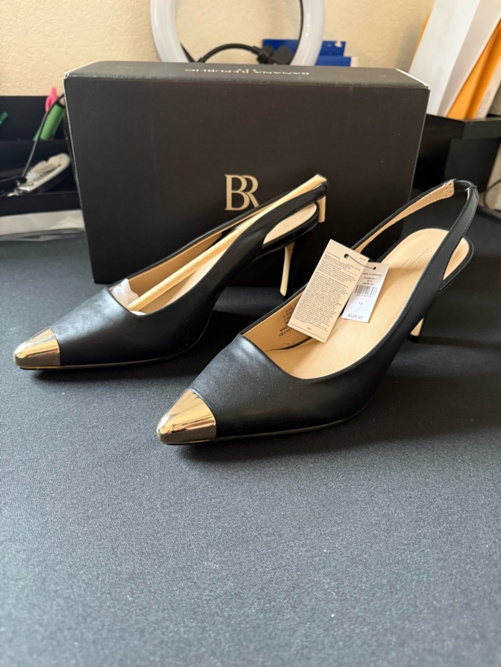 Seychelles Black Slingback Pumps with Gold Toe Cap